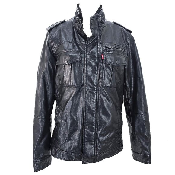 Levis Black Sherpa Lined Vegan Leather Moto Aviator Jacket Men Size Small - Picture 2 of 9
